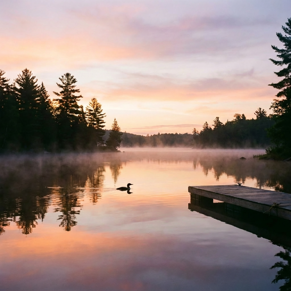 Wooden canoe docked on a calm, misty lake at dawn with a swimming loon.
